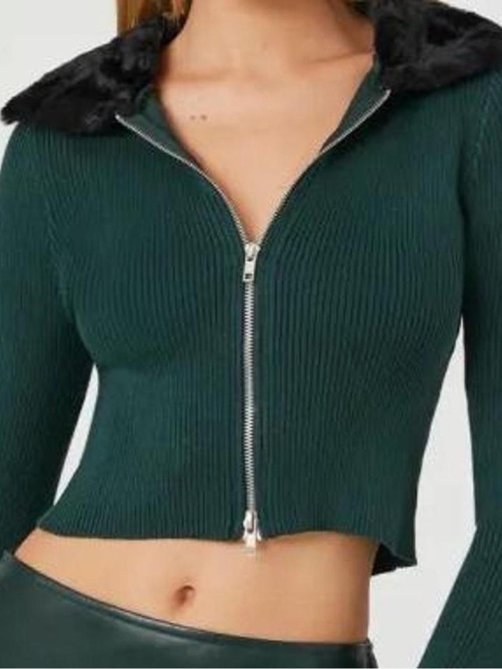 Forever 21 Cropped Ribbed Zip-Up Jacket with Faux Fur Trim - Green/Black